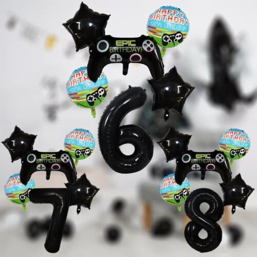 6pcs Gamepad Game Controller Gaming Foil Balloon Birthday Party Decorations kids Boy Number Balloons Black Digital Balloon