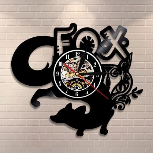 L Vinyl Record Clock Kid Room Fox Wall Clock Wild Anima Nursery Black Clock Woodland Fox Lover Gift Idea Decorative Modern Clock