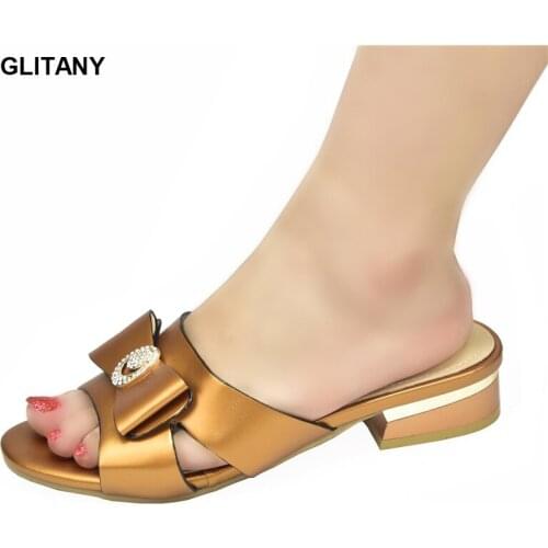 New Arrival African Women Ladies Shoes and Sandals Open Toe Pumps Slip on Low Heels Wedding Shoes Decorated with Rhinestone