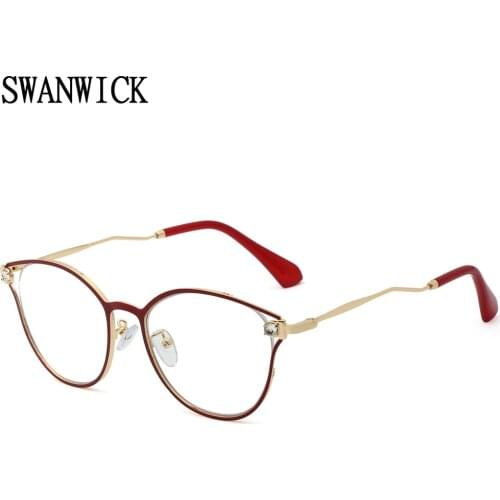 Swanwick cat eye glasses blue light blocking hollow metal frame optical glasses frame crystal decoration black red high quality