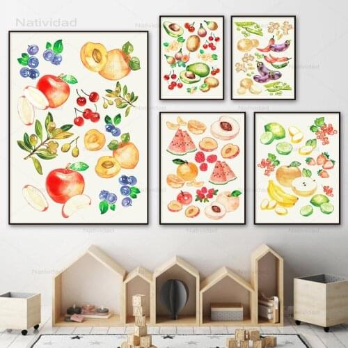 Different Varieties and Types of Fruits Vegetable Wall Art Canvas Painting Pictures Baby Kids Room Decor Nordic Poster and Print