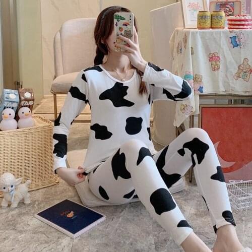 Plus Size Long Sleeve Thermal Body Shaper Underwear Sets for Women Autumn Winter Warm Cartoon Cow Pajama Sleepwear Suit Bodysuit
