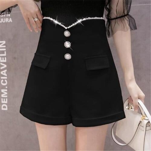 2021 New Fashion Pearl High Waist Casual Shorts Black Elegance Temperament Women Shorts Button Beading White Suit Shorts
