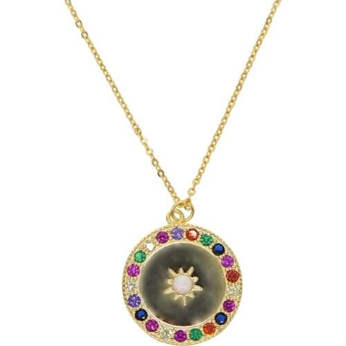Top quality rainbow cz white fire opal stone starburst Round signet pendant necklace gold filled simple gorgeous fashion jewelry
