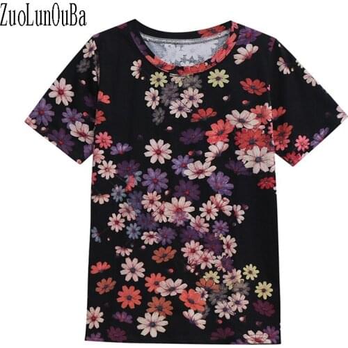 Women Summer Fashion Black Small Flower T Shirt Large Size Round Neck Short Sleeved Tees Tops