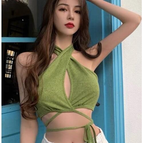 Summer Clothes For Women Fashion Lace Up Sage Green Backless Halter Neck Y2k Goth Sexy Cropped Tank Top Plus Vintage Corset