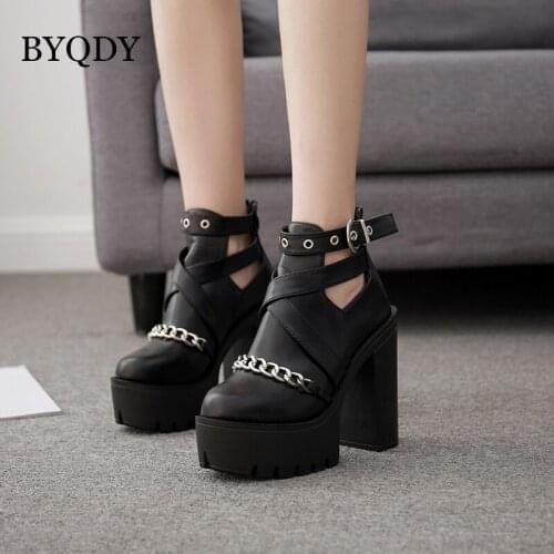 BYQDY Women Gothic Ankle Boots Zip Punk Style Platform Shoes Goth Spring Autumn Booties For Girls Chunky Heel 13CM Sexy Chains