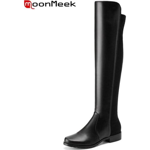 MoonMeek size 33-43 fashion autumn winter boots women round toe over the knee boots low heel stretch fabric+cow leather boots
