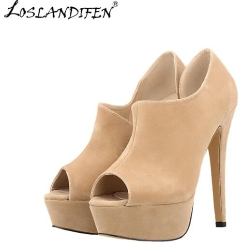 Women Platform Suede High Heel Sandals Sexy Peep Toe Ankle Strap Stilettos Pumps Party Wedding Shoes 817-18VE