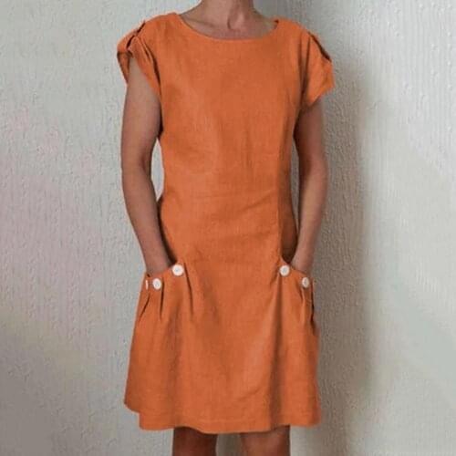 Summer Women Mini Dress Buttons Short Sleeve Loose Solid Color Italian Style Vestidos Lady Linen Dresses 2021