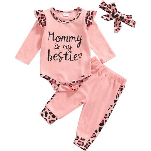 0-18M Newborn Baby Girl Long Sleeve Letter Print Cotton Bodysuit Tops Long Pant Trouser Headband 3PCS Baby Clothing Set