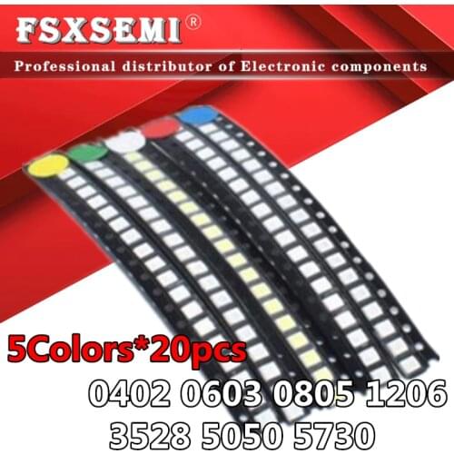 5colors x20pcs=100pcs 0402 5050 5730 1210 1206 3528 0805 0603 LED Diode Assortment SMD Kit Green/RED/White /Blue/ Yellow