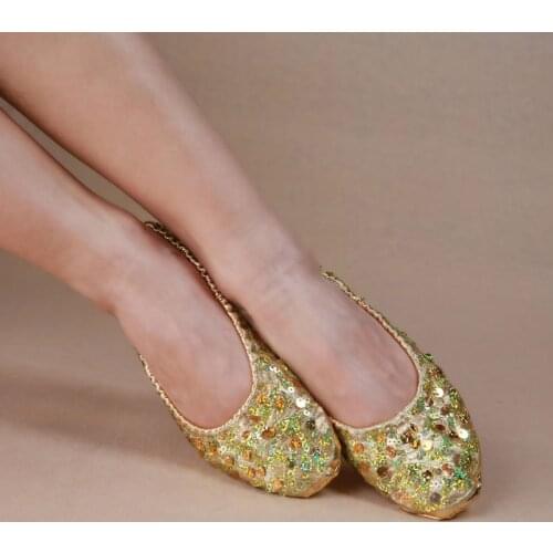XL Size Belly Dance Sequins Shoes For Adult Belly Dance/Ballet Flat Soft Leather With Sequins Golden/Silver