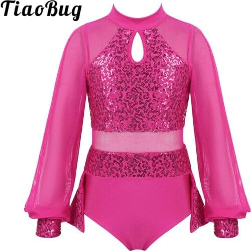 TiaoBug Kids Split Long Sleeves Shiny Sequins Tulle Splice Gymnastics Leotard Girls Ballet Dress Stage Performance Dance Costume