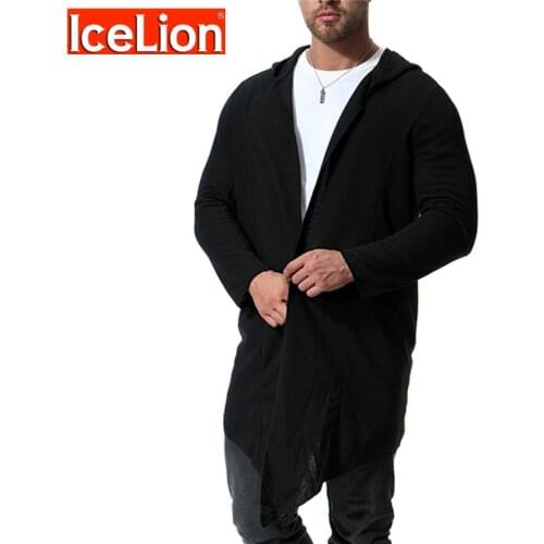 IceLion 2021 Autumn Long Hoodies Men Cardigan No Zipper Hooded Leisure Fashion Solid Sportswear Cloak Coat Casual Street Wear