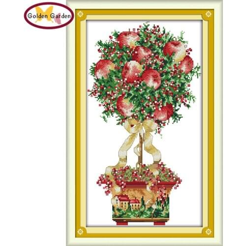 GG Apple Fruit Painting Chinese Counted Cross Stitch Embroidery Needlework Set Joy Sunday 11CT Cross Stitch for Home Decor
