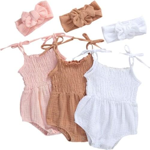 2020 Summer Solid Newborn Baby Girls Cotton Linen Bodysuits Sleeveless Strap Jumpsuits+Headband 2Pcs Outfits Beachwear