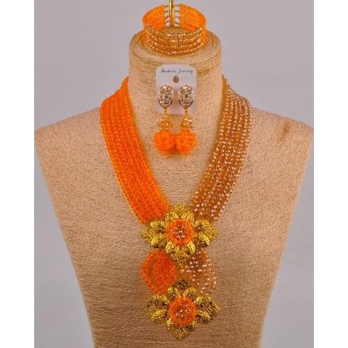 Beautiful Orange Champagne Gold AB Crystal Beaded Necklaces Costume Nigerian Wedding African Beads Jewelry Set for Women 6CHL
