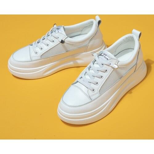 Fashion White Breathable Mesh Sneakers Ladies Low-heeled Flat Shoes Ladies Lace-up Leather Korean All-match Sneakers