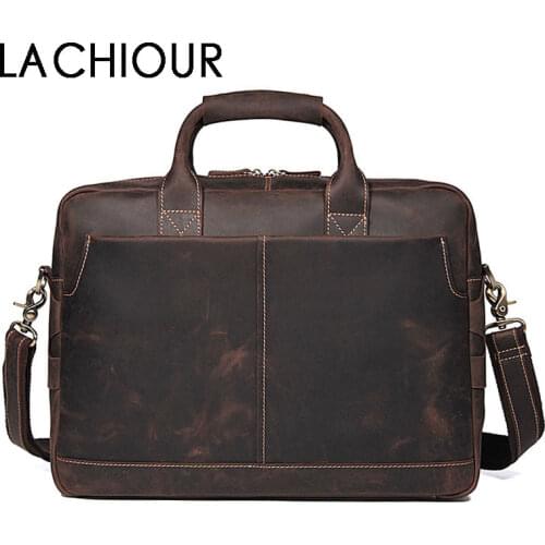 LACHIOUR Crazy Horse Leather Man Bag Handbag Mens Bags New men Messenger Bags Casual Male Shoulder Laptop Briefcase