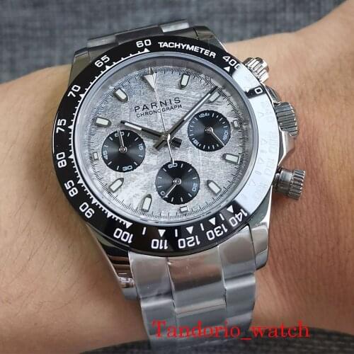 Chronograph Quartz Movement 39mm PARNIS Stainless Steel Strap Polished Case Mens Watch Surface Dial 24 Hours