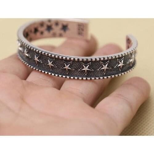 Mens Solid Sterling Silver 925 Bracelet Cuff Bangle New Pentangle Star 11mm Band Top Fashion Cool Mens Silver 925 Jewelry Gift