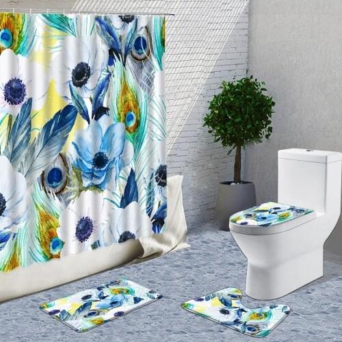 Colorful Feather Printing Bath Mat Flannel Shower Curtain Set Bathroom Carpet Rug U-Shaped Toilet Rug Anti slip Floor Carpet Set