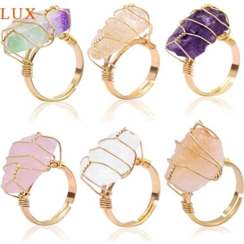 Natural Crystal Rings Raw Amethyst Citrine Rose Quartz Fluorite Clear Quartz Handmade Gold Wire Wrapped Ring Wedding Gift Women