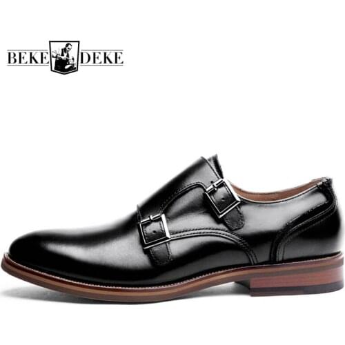 Autumn New Brand Fashion Mens Pointed Toe Genuine Leather Work Shoes Male Business Shoes Formal Shoes Buckle Strap Black Brown