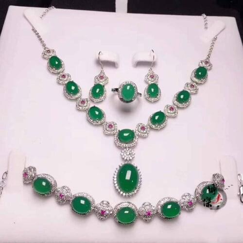 Natural chalcedony four-piece suit Pendant 925 silver fashion Resizable ring clavicle Necklace