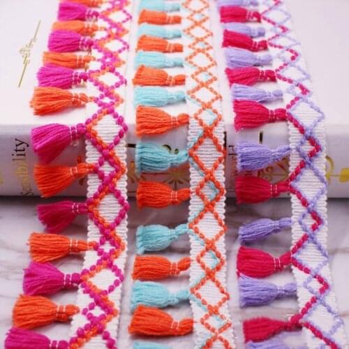 47mm Rainbow Tassel Lace Trim Cotton Fabric Ribbon Trim Ball Fringe Pom Pom Tassel Ribbon for Handmade DIY Sewing Material 1yard