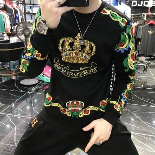 Luxury Gold Black Embroidery Sequin Crown Sweatshirts Men Sudadera Hombre Baroque Club Outwear Sweat Homme Harajuku Sweatshirt