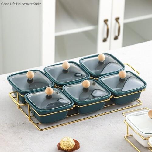 Nordic Snacks Nuts Dried Fruit Plate Glass Lid Living Room Platter Ceramic Candy Box Iron Art Fruit Plate