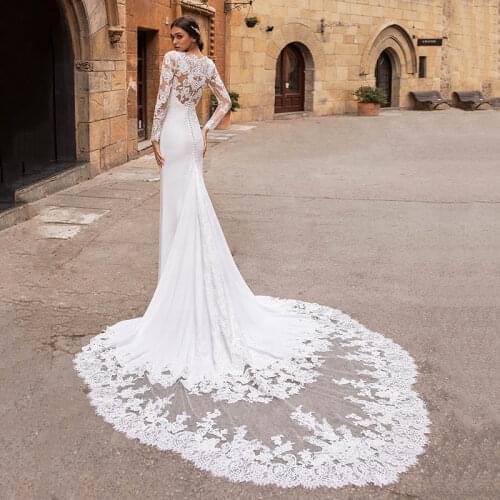 Vestido de Mariage Long Sleeves Wedding Dresses 2021 Mermaid V Neck Lace Appliques Wedding Gowns Backless Bridal Dress Turkey