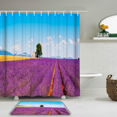 3D Natural Scenery Lavender Flowers Fabric Waterproof Shower Curtain Set Bathroom Curtains Set Non-Slip Toilet Rug and Bath Mat