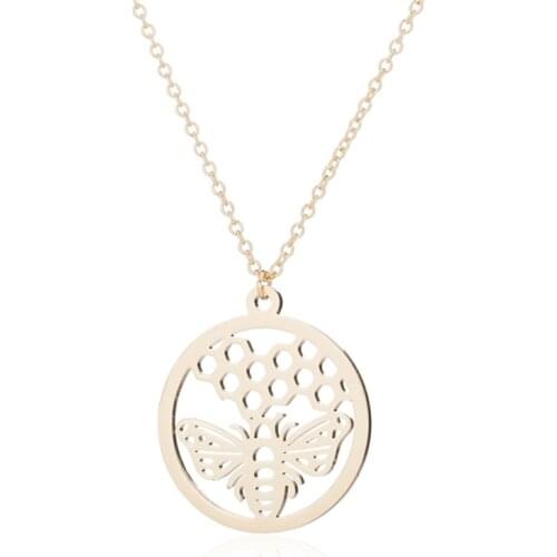 Yiustar Necklace Female Honeycomb Bee Necklace Circle Hive Bee Necklaces Animal Jewelry Women Long Chian Stainless Steel Choker