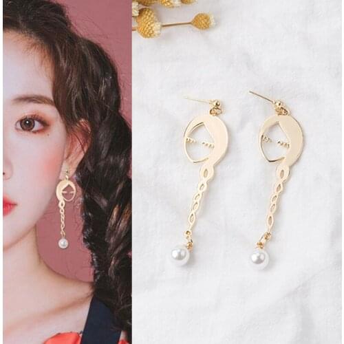 Funny Cute Hollow Metal Face Pearl Pendant Drop Earrings for Women Girls Teens Korean Fashion Earrings 2021 Trend New Arrival