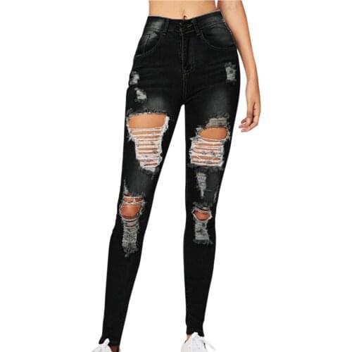 Women Solid Color Blue Hole High Jeans Flares Ankle Fashion Pants Trouser Jeans Woman High Waist Jeans Patchwok Pencil Pants