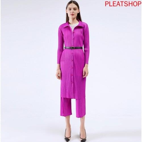 Autumn New Miyake Pleated Elegant Shirt Mid-Length Dress Slim Waist Hugging Slim-Fit Medium-Length Dress Women Vestido De Mujer