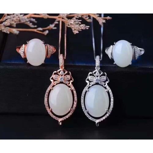 Natural white jade gem jewelry sets natural gemstone ring Pendant 925 silver Exquisite Water droplets women party fine jewelry
