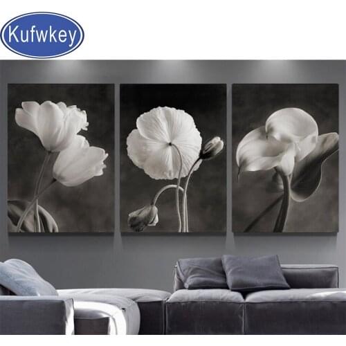 Black and White Flowers Diamond Painting Full Square Round Rose Cross Stitch Diamond Puzzle Pattern Triptych Beautiful Flowers