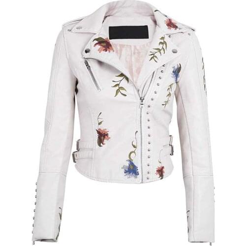 Flowers Embroidery Pu Leather Jacket Spring Autumn Women Turn-Down Collar Rivet Zipper Black Biker Coats Tops Clothes