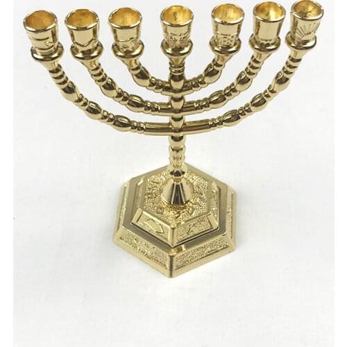 Jewish Menorah 12 Tribes of Israel Jerusalem Temple Menorah 7 Branches Candelabra Hanukkah (Gold, 4.9 Inches)
