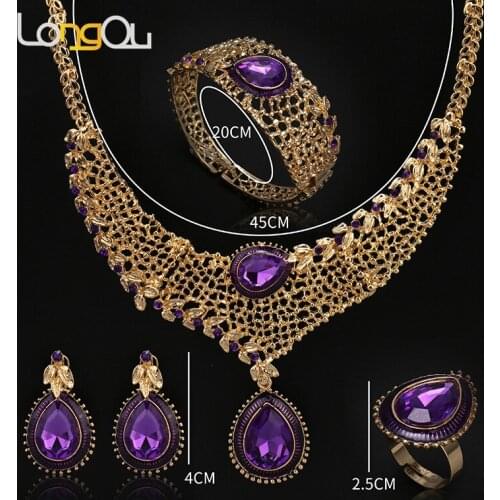 Dubai Gold Jewelry Sets African Beads Statement Necklace Earrings Bracelet Ring Sets Women Ladies purple Wedding Accessories