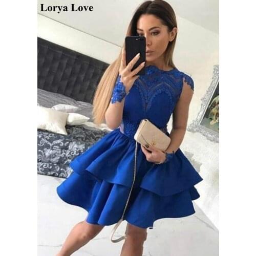 Royal Blue Cocktail Dresses 2020 Satin Short Prom Dress Lace Appliques Sequins Homecoming Gowns Women Elegant Graduation Dress