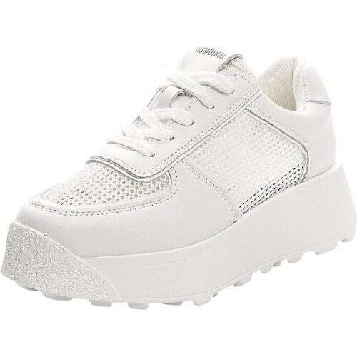 Krasovki White Genuine Leather Women Shoes Platform Wedge Chunky Sneakers Air Mesh Hollow Sumer Shoes Platform Heels Breathable