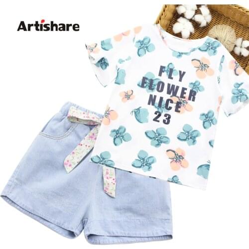 Girls Summer Clothes Floral Tshirt + Denim Short Clothing For Girls Letter Girls Sets Teenage Costumes For Children