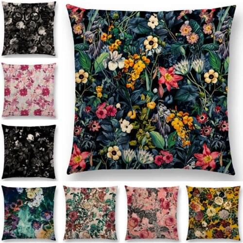 Dark Night Retro Forest Botanical Garden Colorful Flowers Leaves Printed Linen Cushion Cover Home Bedroom Hotel Car Decoration