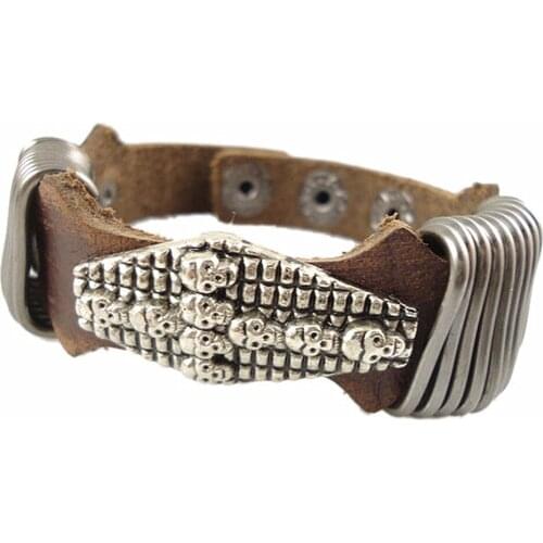 Punk Trendy Hip Hop Fashion Metal Skull Cross Charm Skelton Vintage Leather Chain Cuff Women Mens Bracelet Wholesale Jewelry