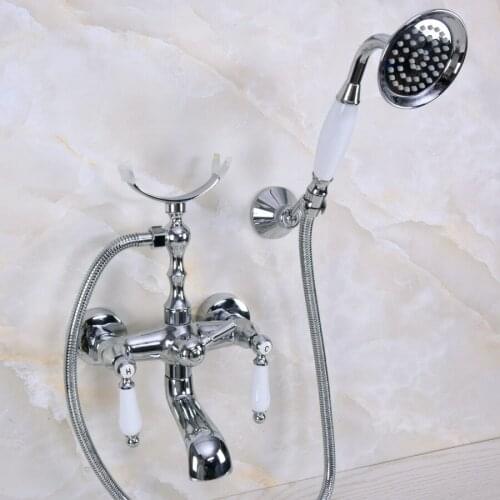 Chrome Brass Wall Mount Telephone Euro Bath Tub Faucet Mixer Tap w/ Handheld Spray Shower Kna238